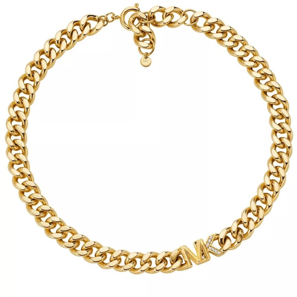 MICHAEL KORS MK Logo 14k Gold Plated Necklace Choker Logo Crystals Chain NWT$250